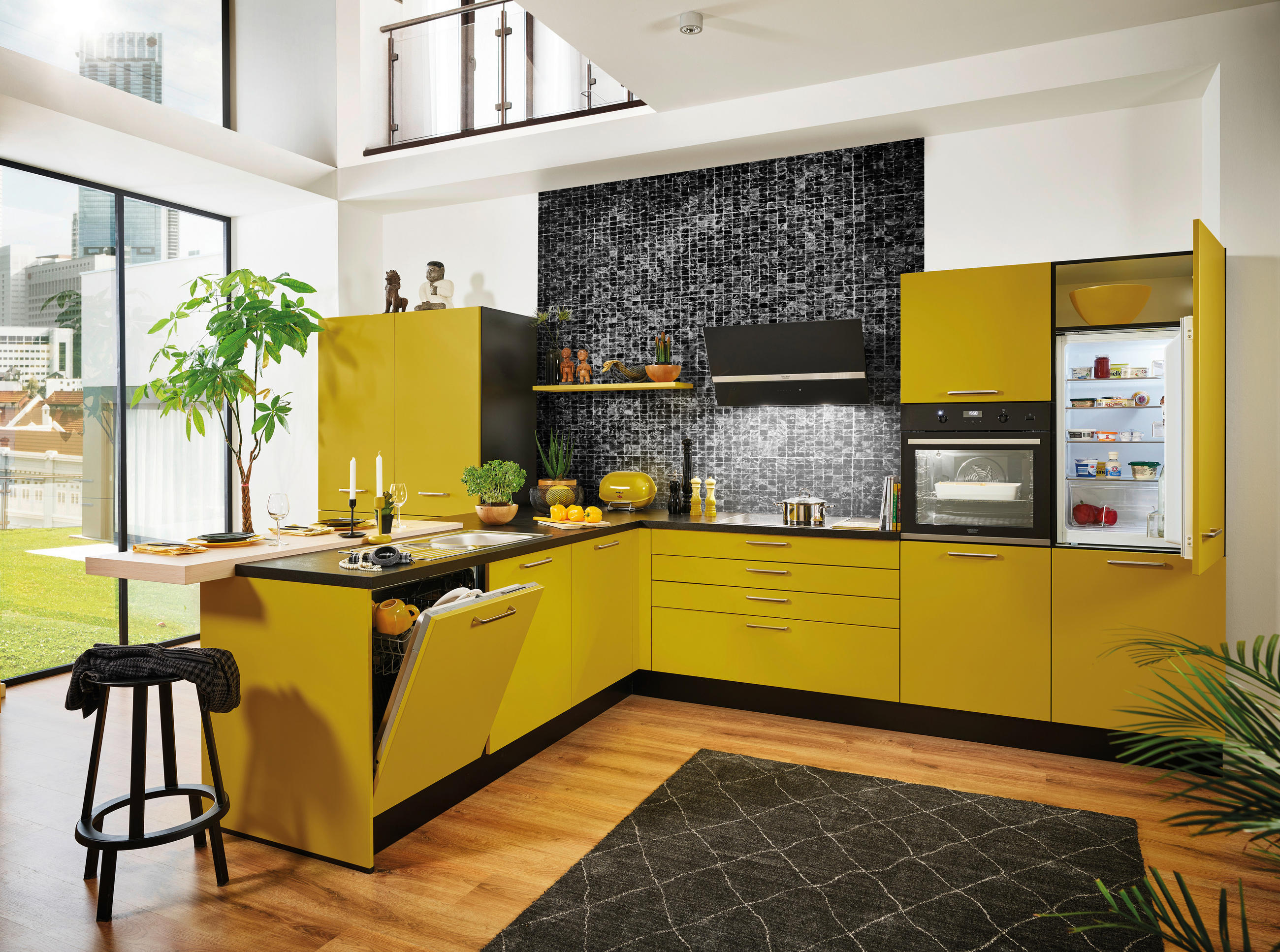 EINBAUKÜCHE SILVIA  - Currygelb, Design, Holzwerkstoff - Novel