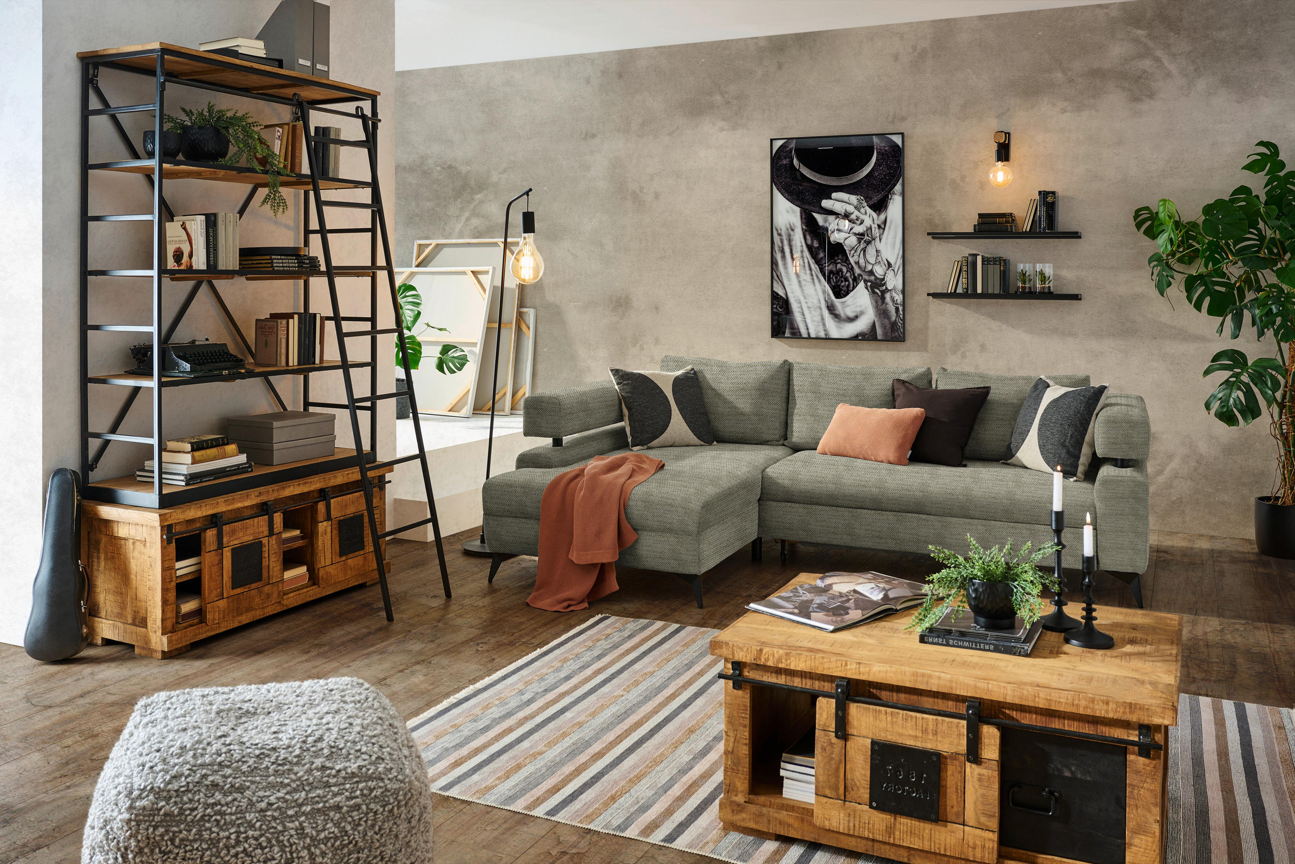 ECKSOFA Olivgrün Chenille  - Schwarz/Olivgrün, KONVENTIONELL, Textil/Metall (184/265cm) - Hom`in