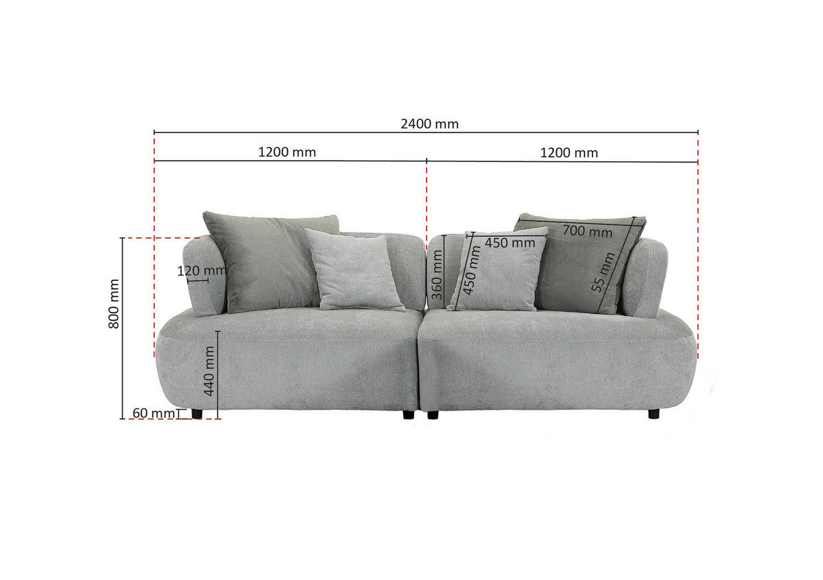 BIGSOFA Flachgewebe Mintgrün  - Salbeigrün/Schwarz, MODERN, Kunststoff/Textil (240/80/120cm) - Ambia Home