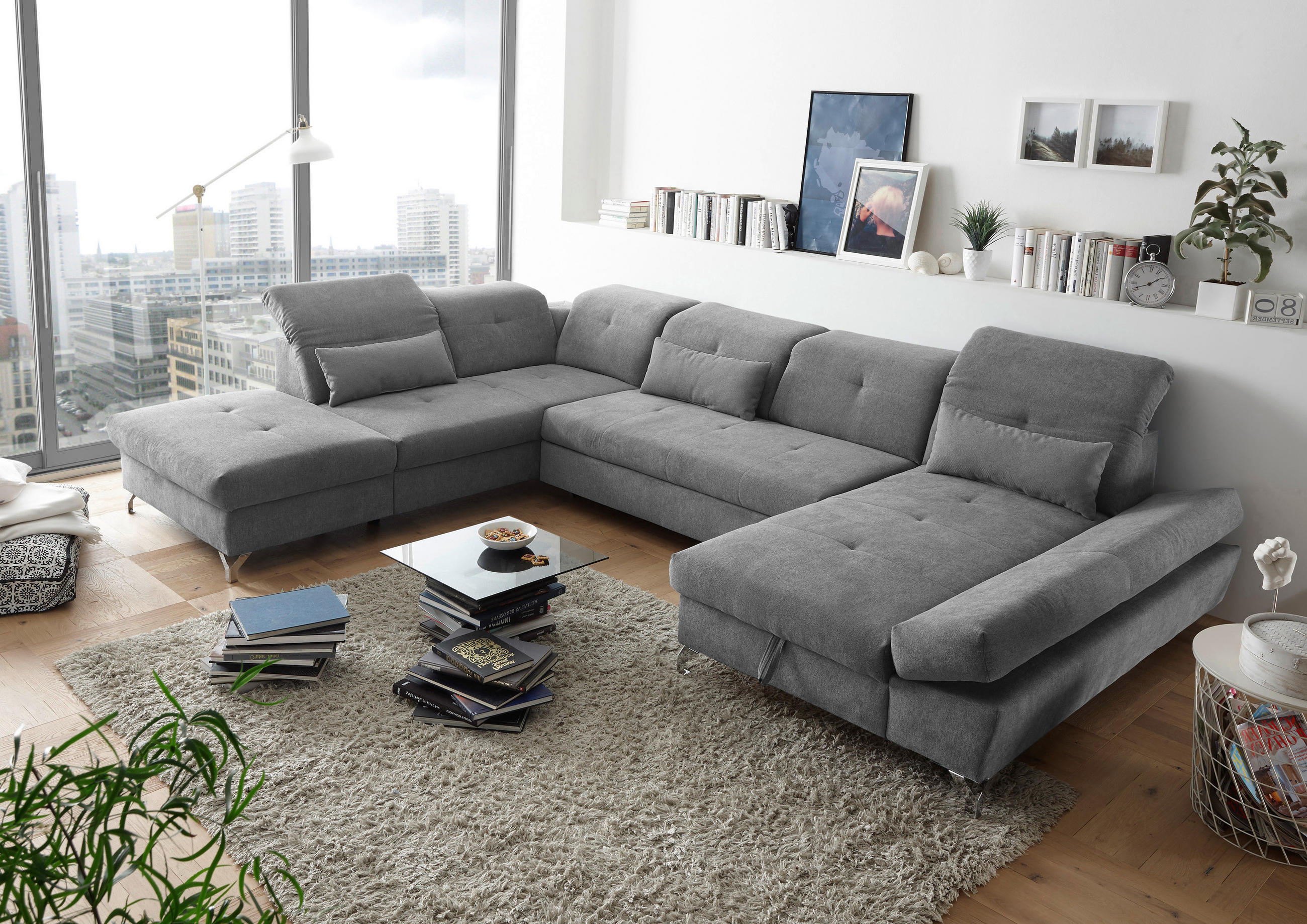 WOHNLANDSCHAFT Schlammfarben Mikrovelours  - Schlammfarben/Silberfarben, MODERN, Textil/Metall (245/350/168cm) - MID.YOU