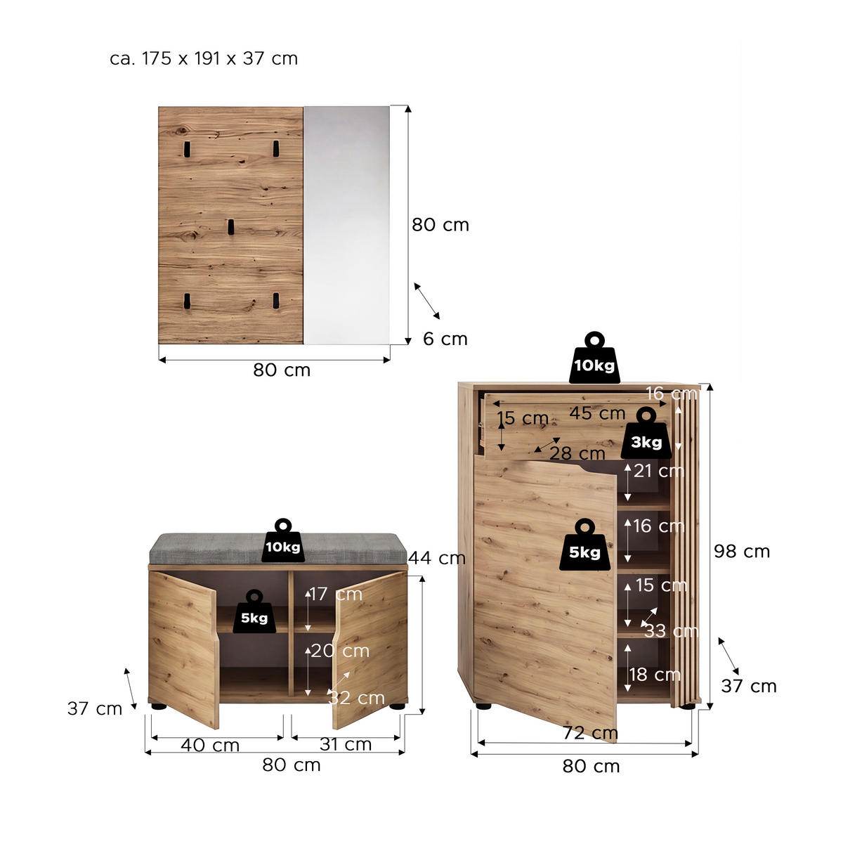 GARDEROBE 3-teilig  in 175/191/37 cm  - Eiche Artisan, Design, Holzwerkstoff (175/191/37cm) - MID.YOU