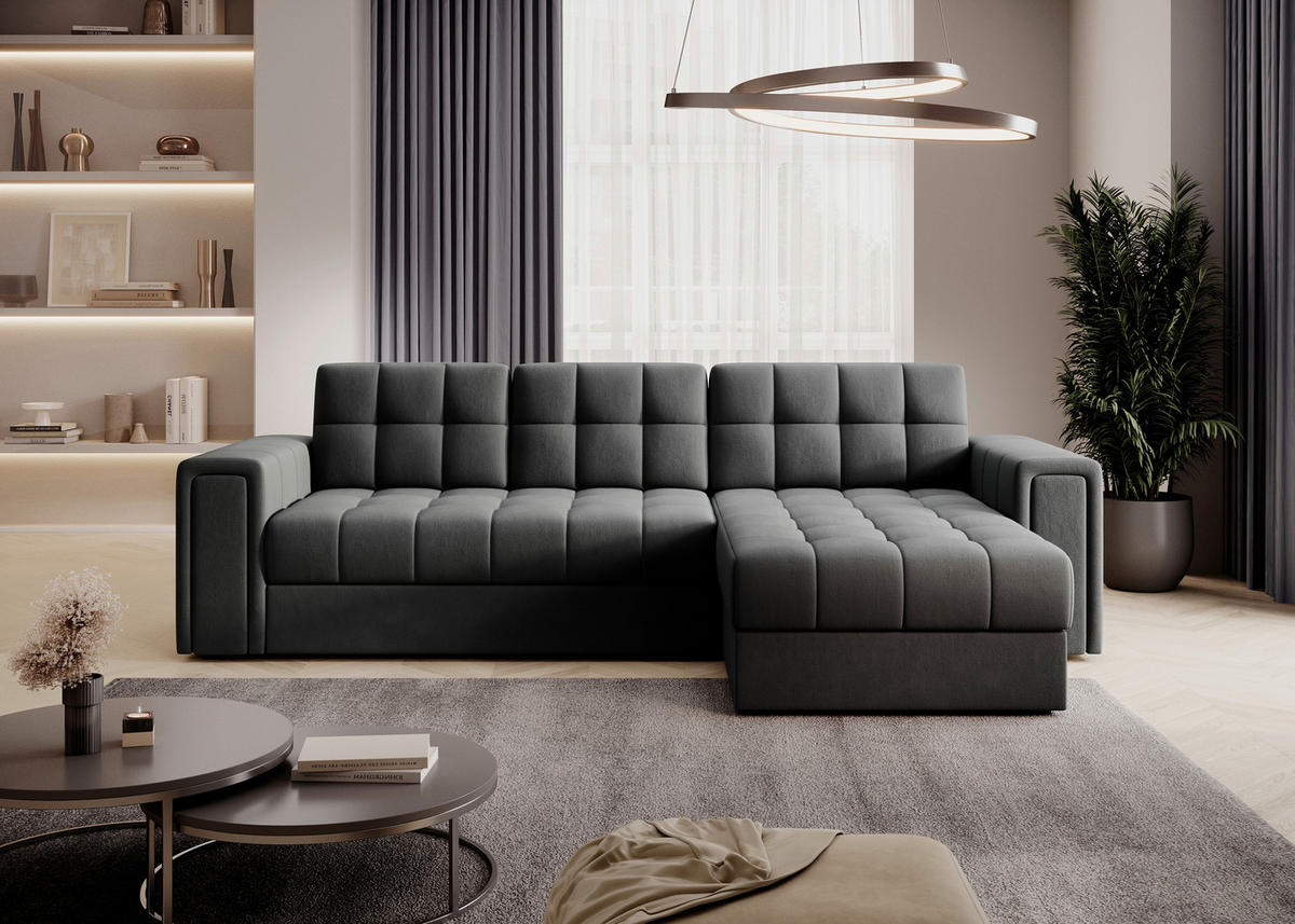 ECKSOFA Plüsch Dunkelgrau  - Dunkelgrau, Design, Kunststoff/Textil (260/150cm) - MID.YOU