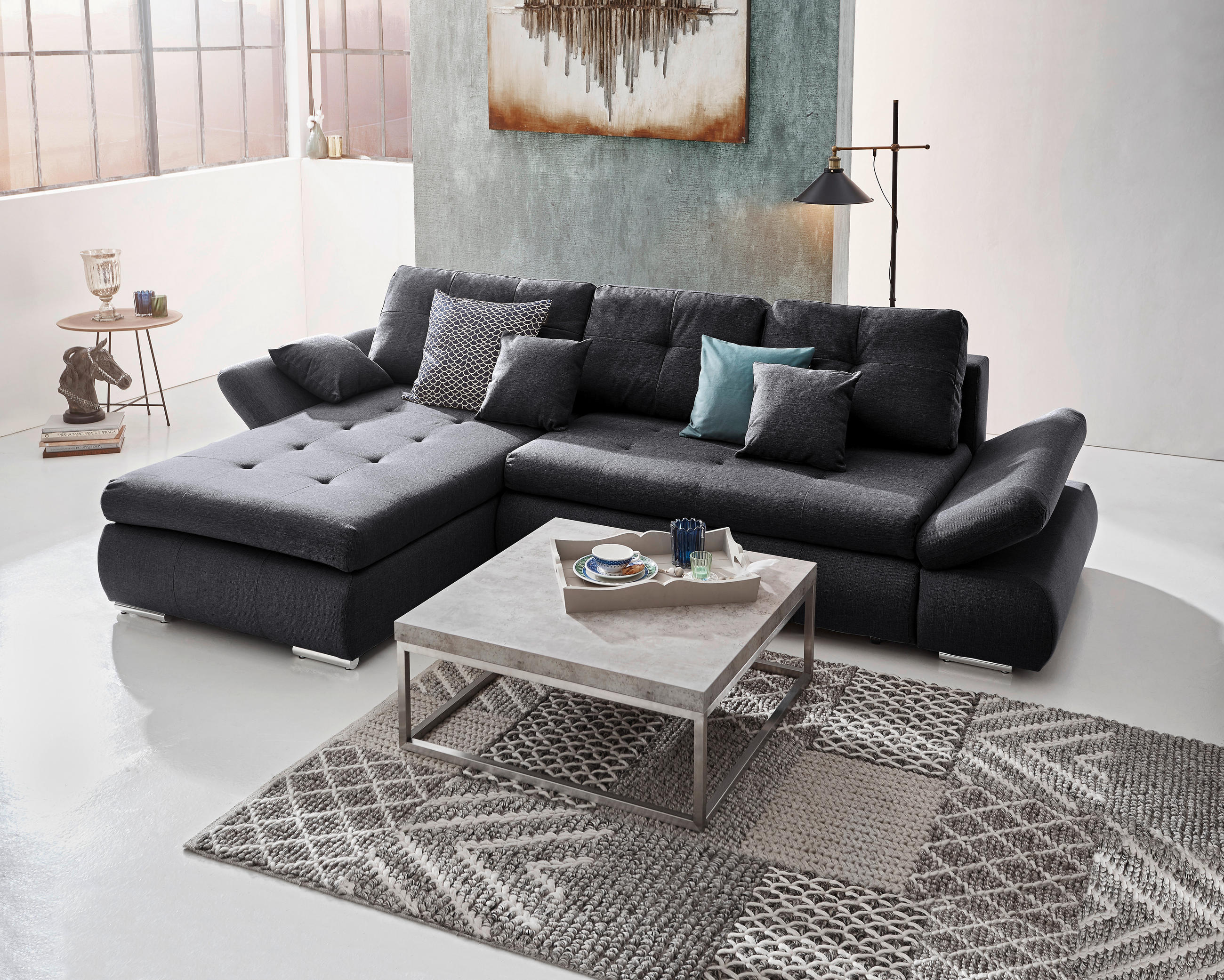 ECKSOFA in Webstoff Dunkelgrau  - Chromfarben/Dunkelgrau, Design, Kunststoff/Textil (302/187cm) - Carryhome