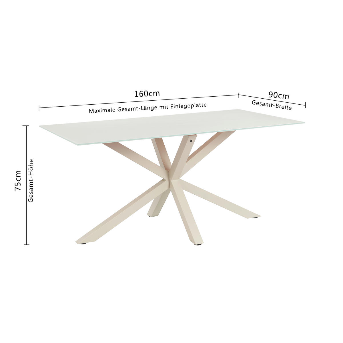 ESSTISCH 160/90/75,5 cm  Metall, Glas rechteckig Kaschmir  - Kaschmir, MODERN, Glas/Metall (160/90/75,5cm) - P & B