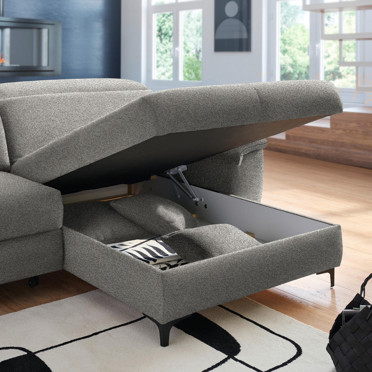 ECKSOFA in Chenille Graubraun  - Graubraun/Schwarz, Design, Textil/Metall (185/256cm) - Stylife