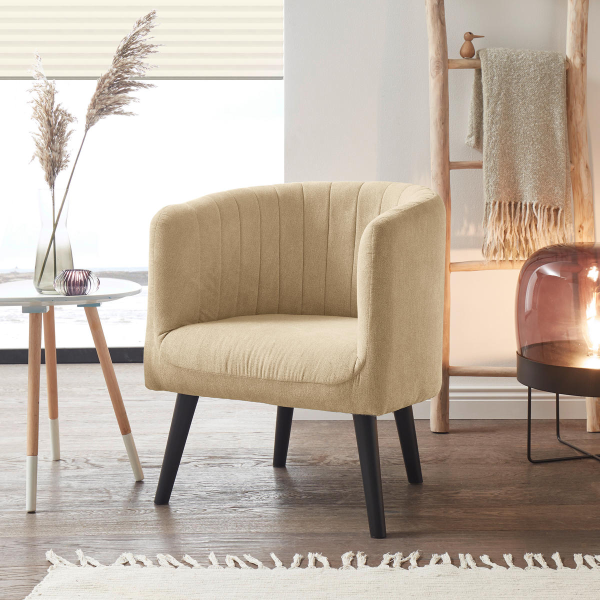 COCKTAILSESSEL Mikrovelours Sandfarben    - Sandfarben/Schwarz, Basics, Holz/Textil (61/82/58cm) - Livetastic