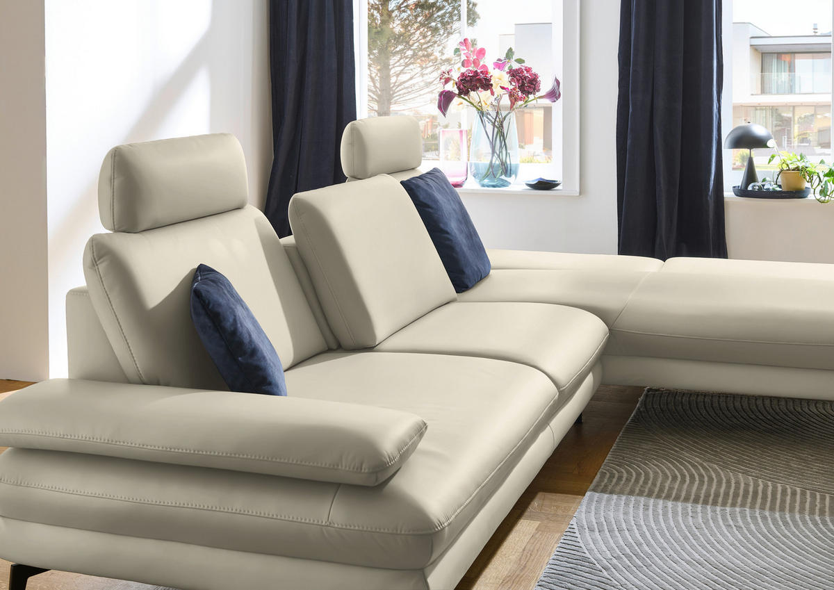 ECKSOFA in Echtleder Ecru  - Ecru/Schwarz, Design, Leder/Metall (308/195cm) - Dieter Knoll