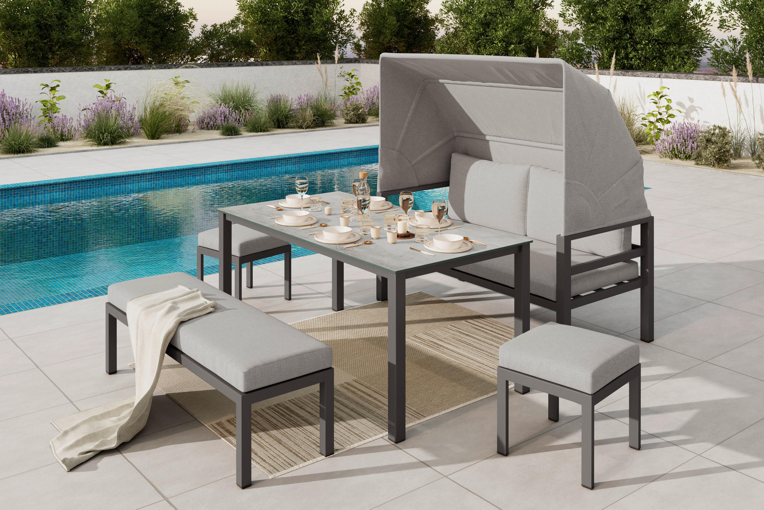 LOUNGE ÉTKEZŐGARNITÚRA 5 részes    - antracit/szürke, Modern, Üveg/textil - Ambia Garden