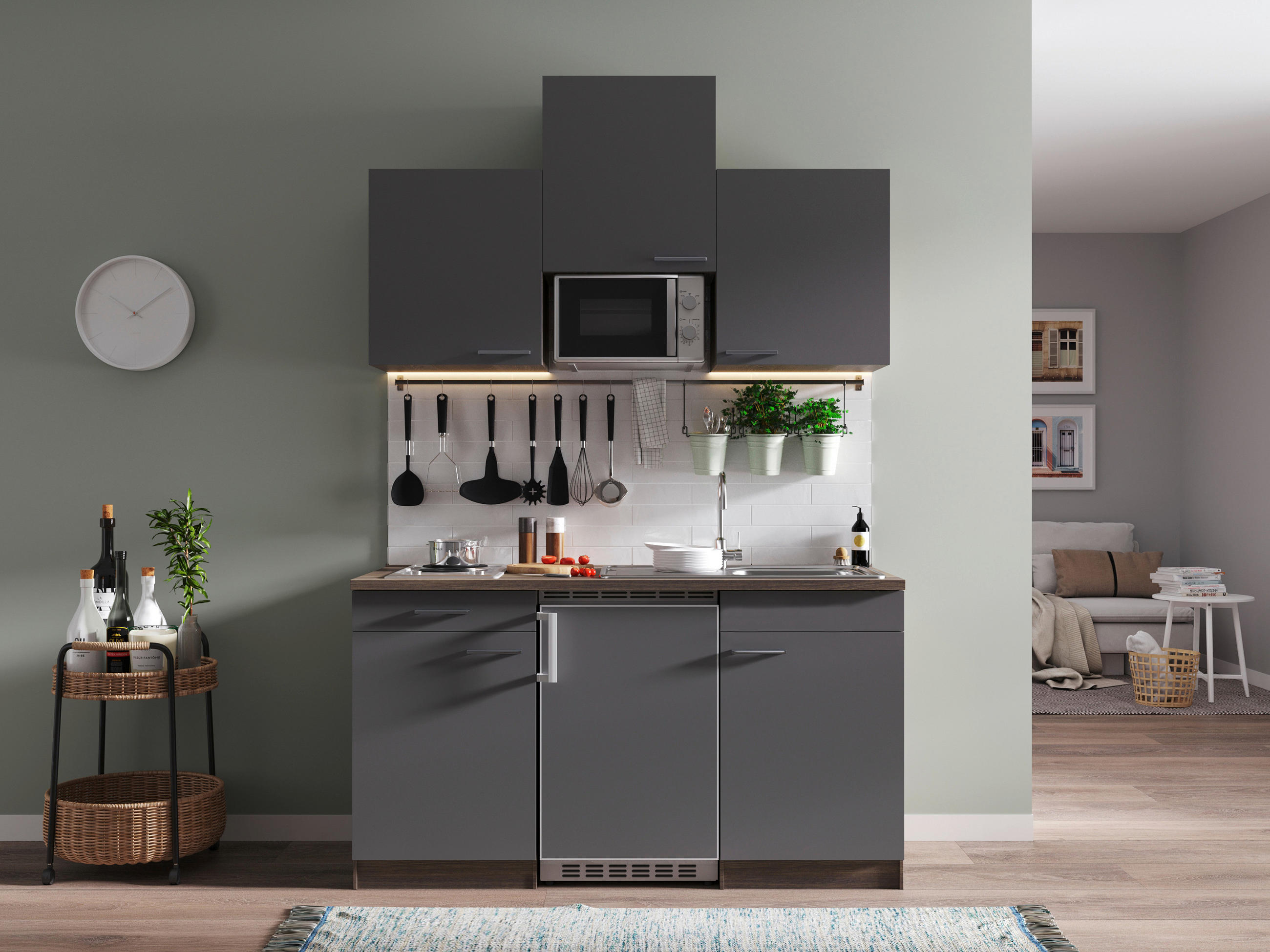 MINIKÜCHE 150 cm   in Grau  - Eichefarben/Alufarben, Basics, Holzwerkstoff/Kunststoff (150cm) - Respekta