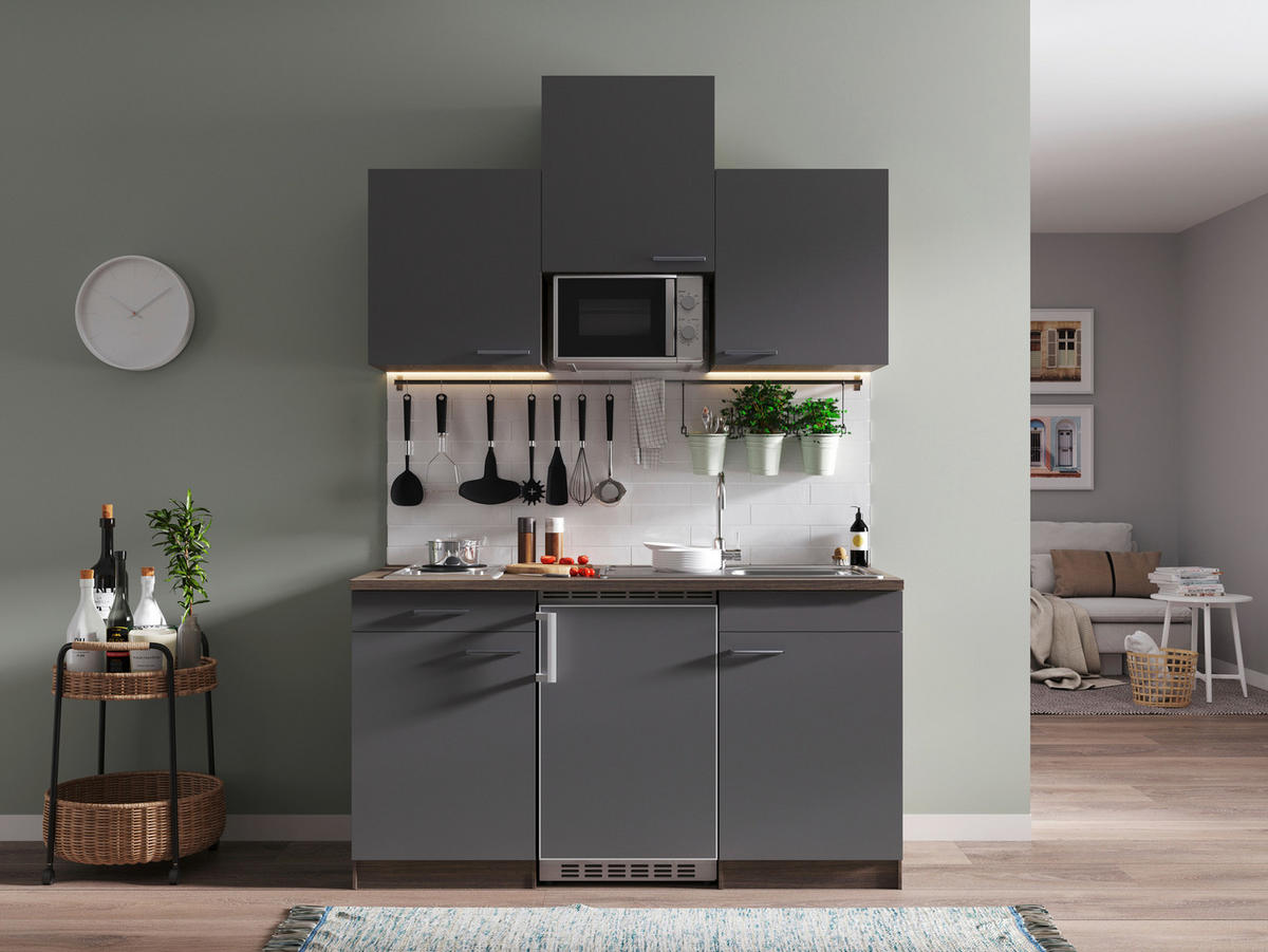 MINIKÜCHE 150 cm   in Grau  - Eichefarben/Alufarben, Basics, Holzwerkstoff/Kunststoff (150cm) - Respekta