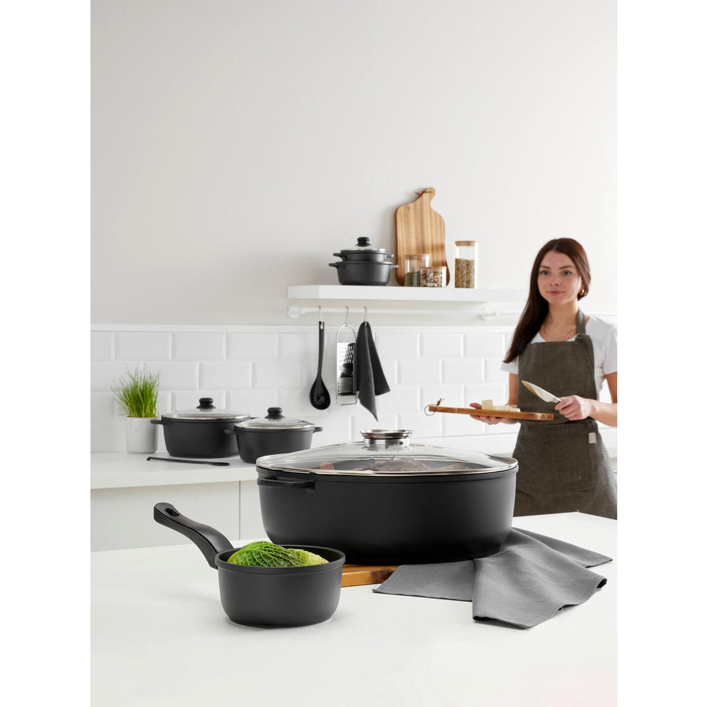 Thumbnail - Homeware Profession. Kochtopfset Turin, Klar, Schwarz, Metall, Kunststoff, Glas, 3-teilig, 20 cm,24 cm, rund, Lfgb, Koch...