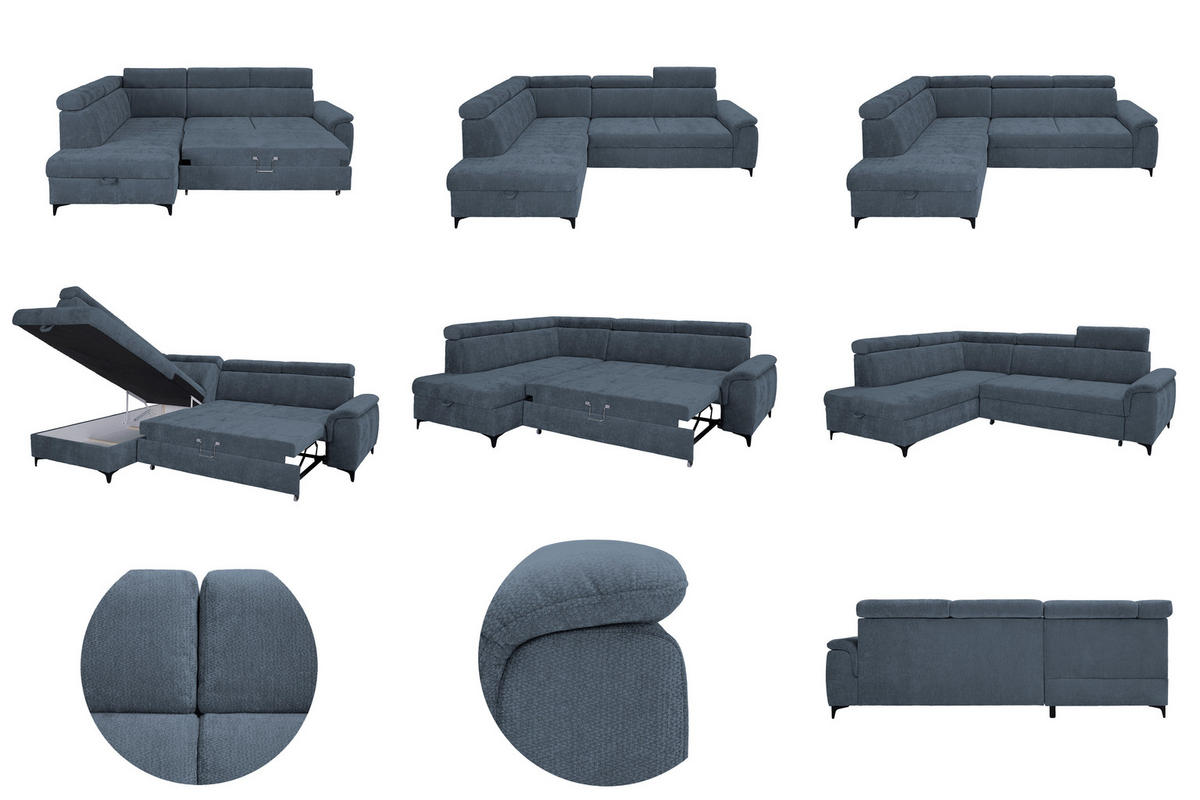ECKSOFA Dunkelblau Chenille Bettkasten, Schlaffunktion, Rücken echt, Kopfteilverstellung, Liegefläche im Originalstoff  - Schwarz/Dunkelblau, KONVENTIONELL, Textil/Metall (206/265cm) - Carryhome