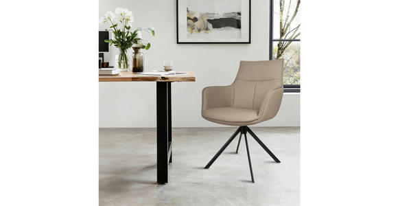 ARMLEHNSTUHL  Sitzfläche 360° drehbar, automatische Rückholfunktion  Echtleder  - Taupe/Schwarz, Design, Leder/Metall (60/89,5/64cm) - Novel