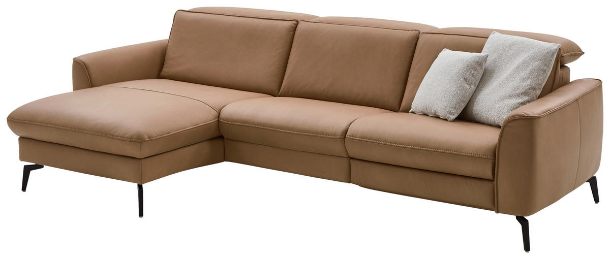 ECKSOFA in Echtleder Haselnussfarben  - Schwarz/Haselnussfarben, Natur, Leder/Metall (168/281cm) - Valdera
