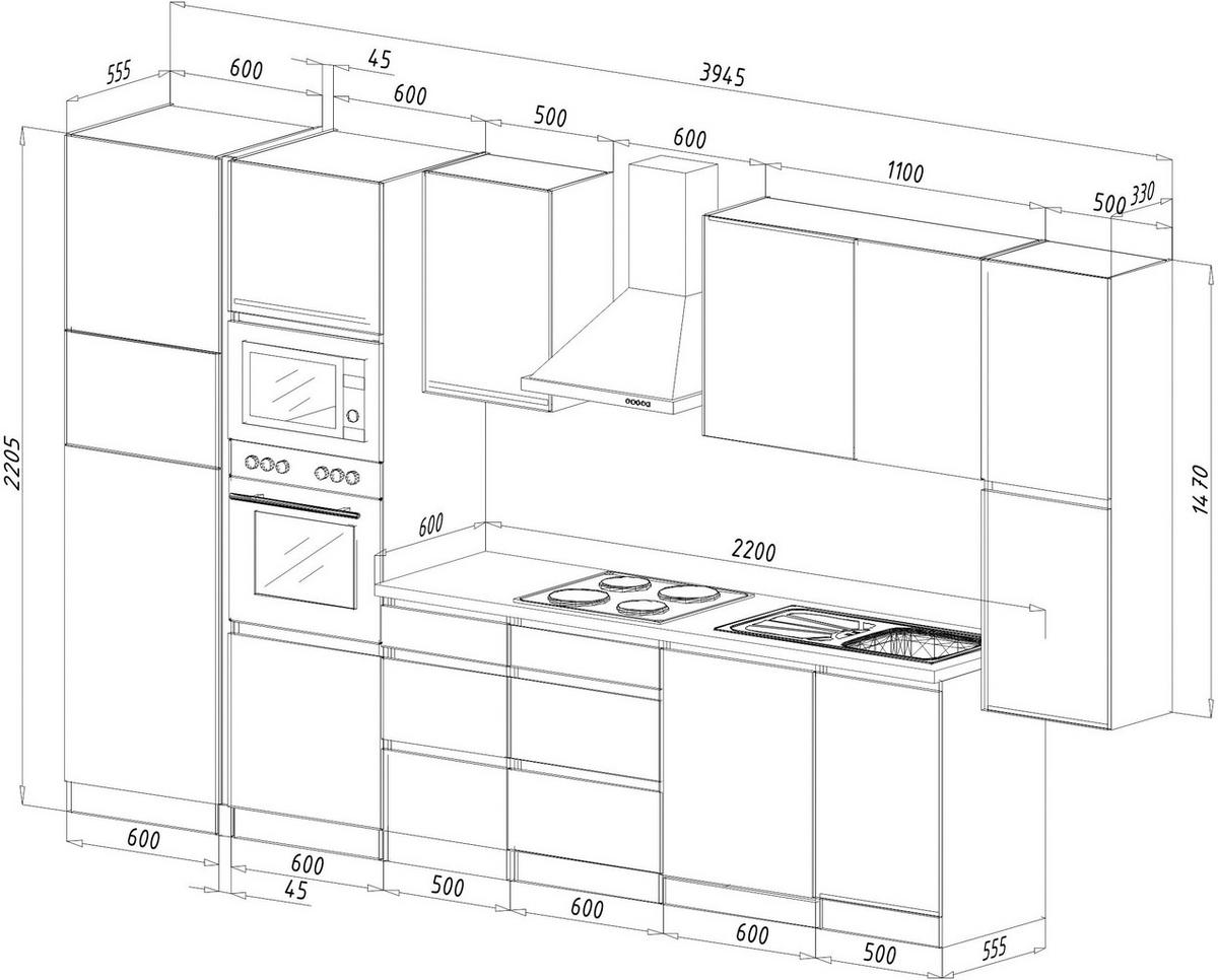 KÜCHENBLOCK 395 cm   Eichefarben, Weiss Hochglanz  - Weiss Hochglanz/Eichefarben, Basics, Holzwerkstoff (395cm) - Respekta