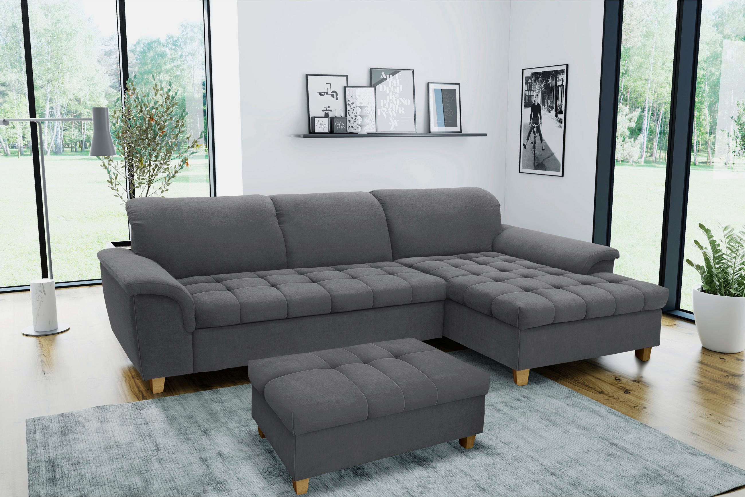 ECKSOFA Dunkelgrau Mikrofaser - Eichefarben/Dunkelgrau, KONVENTIONELL, Holz/Textil (279/162cm) - MID.YOU