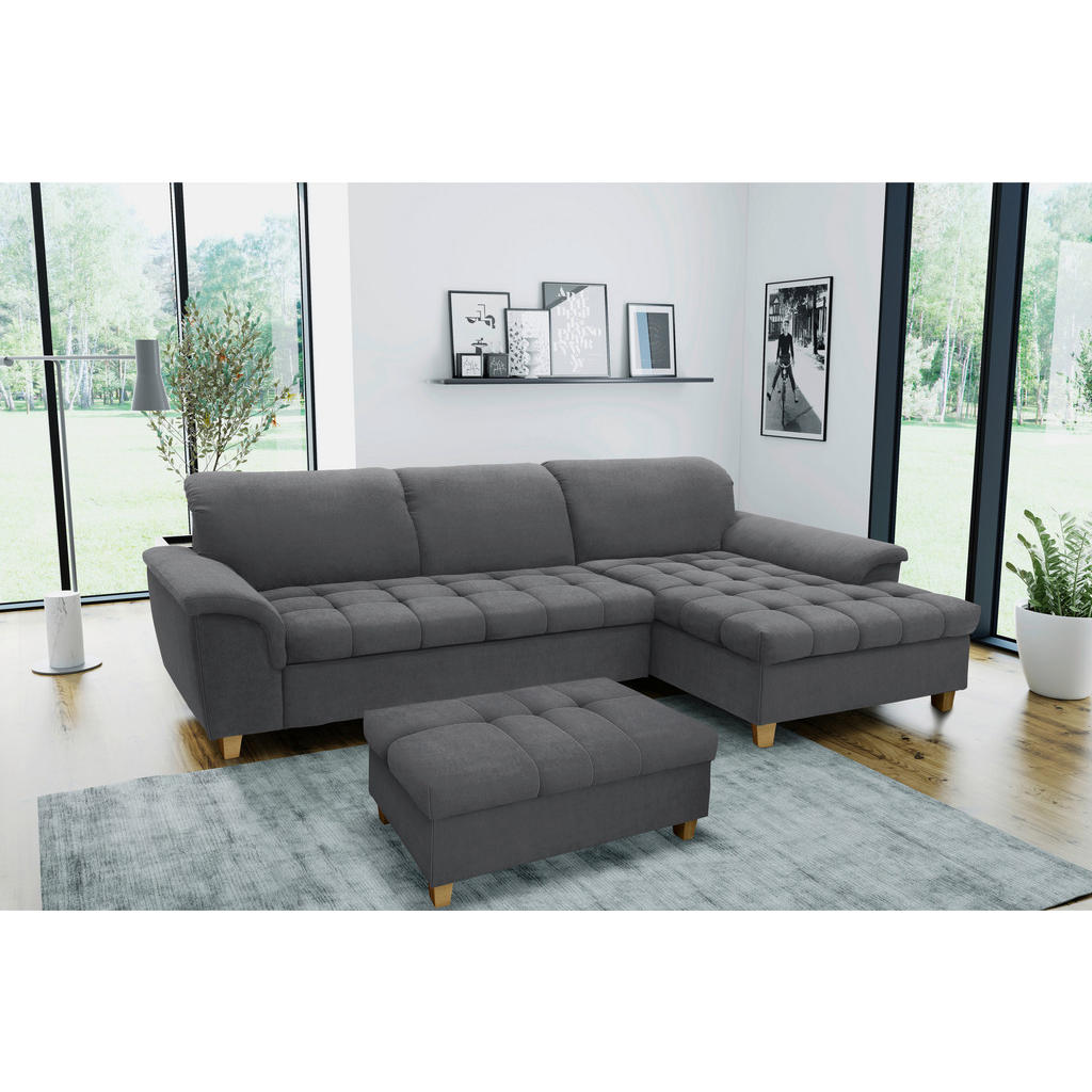 Thumbnail - Mid.you Ecksofa, Dunkelgrau, Textil, Eiche, Uni, 3-Sitzer, Ottomane rechts, L-Form, 279x162 cm, Made in EU, FSC Mix, Rüc...