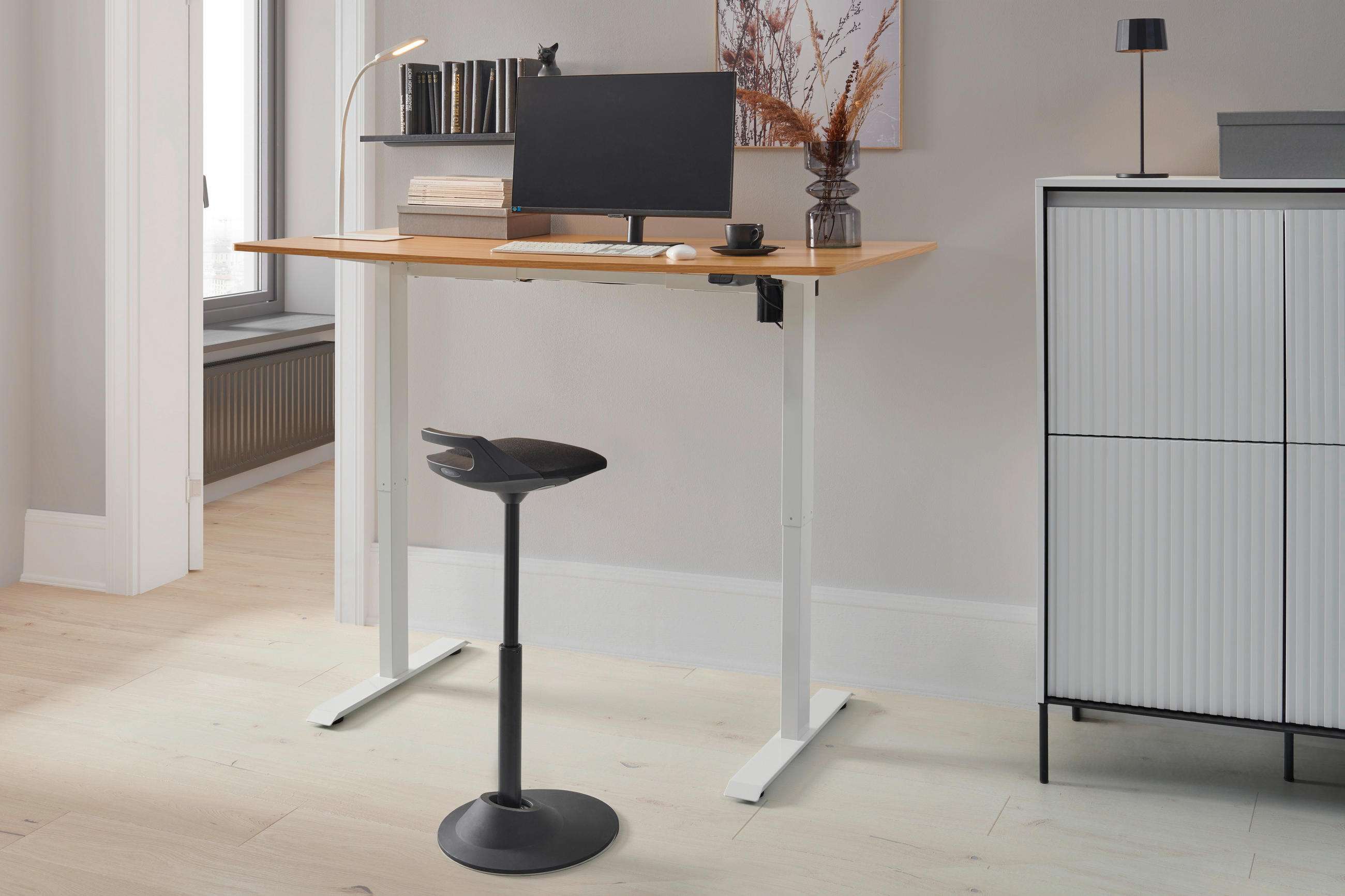 SCHREIBTISCH  in Weiß, Eichefarben  - Eichefarben/Weiß, MODERN, Holzwerkstoff/Metall (160/73-123/80cm) - Livetastic