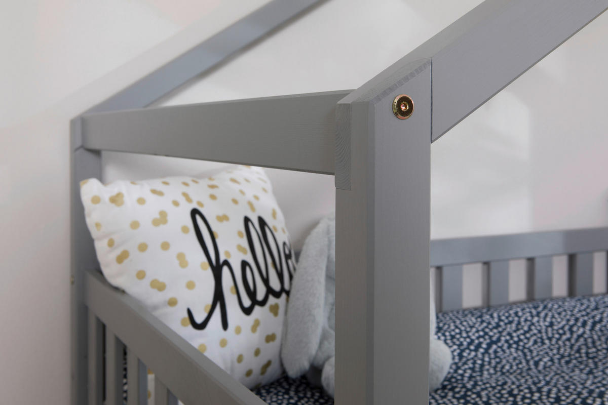 HAUSBETT  in Hellgrau, Absturzsicherung, Matratze, Rollrost, Bettkasten  - Hellgrau/Weiß, MODERN, Holz/Textil (90/200cm) - MID.YOU