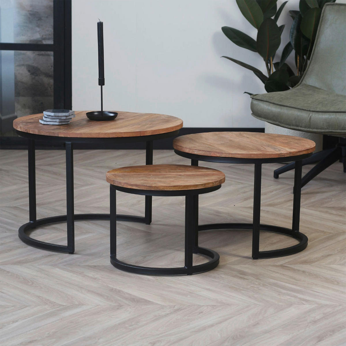 SATZTISCH Mangoholz massiv rund Braun  - Schwarz/Braun, MODERN, Holz/Metall (72/72/46cm) - MID.YOU