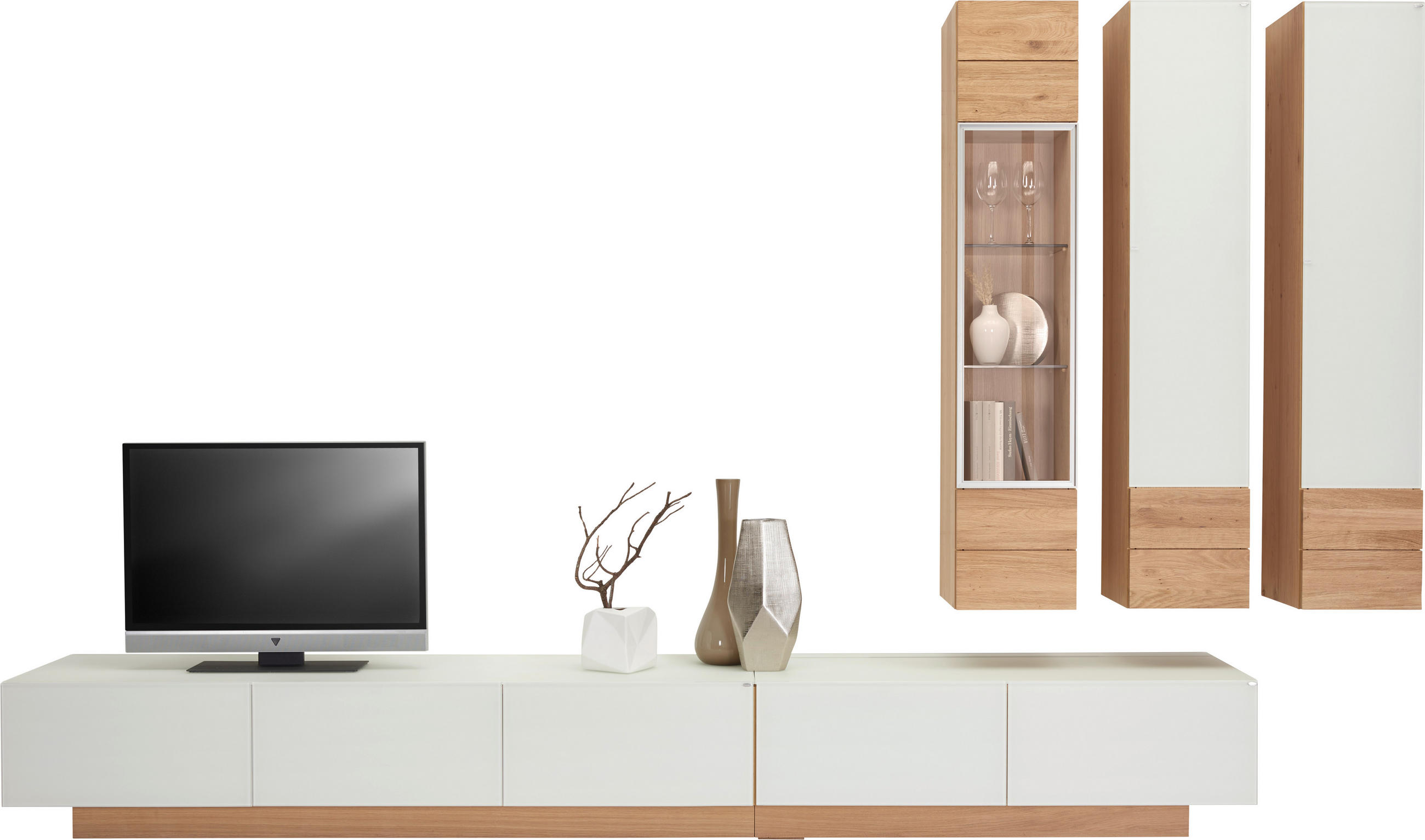 WOHNWAND Vmontanara 4-teilig  in Weiß, Eichefarben  368/218/54,1 cm  - Eichefarben/Weiß, Design, Glas/Holz (368/218/54,1cm) - Voglauer