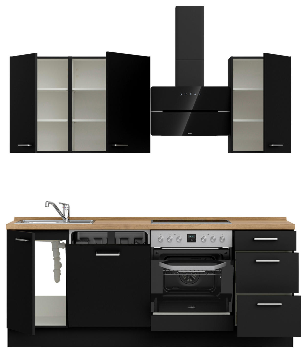 KÜCHENLEERBLOCK 210 cm   in Schwarz, Eichefarben  - Edelstahlfarben/Eichefarben, MODERN, Holzwerkstoff/Metall (210cm) - Nobilia