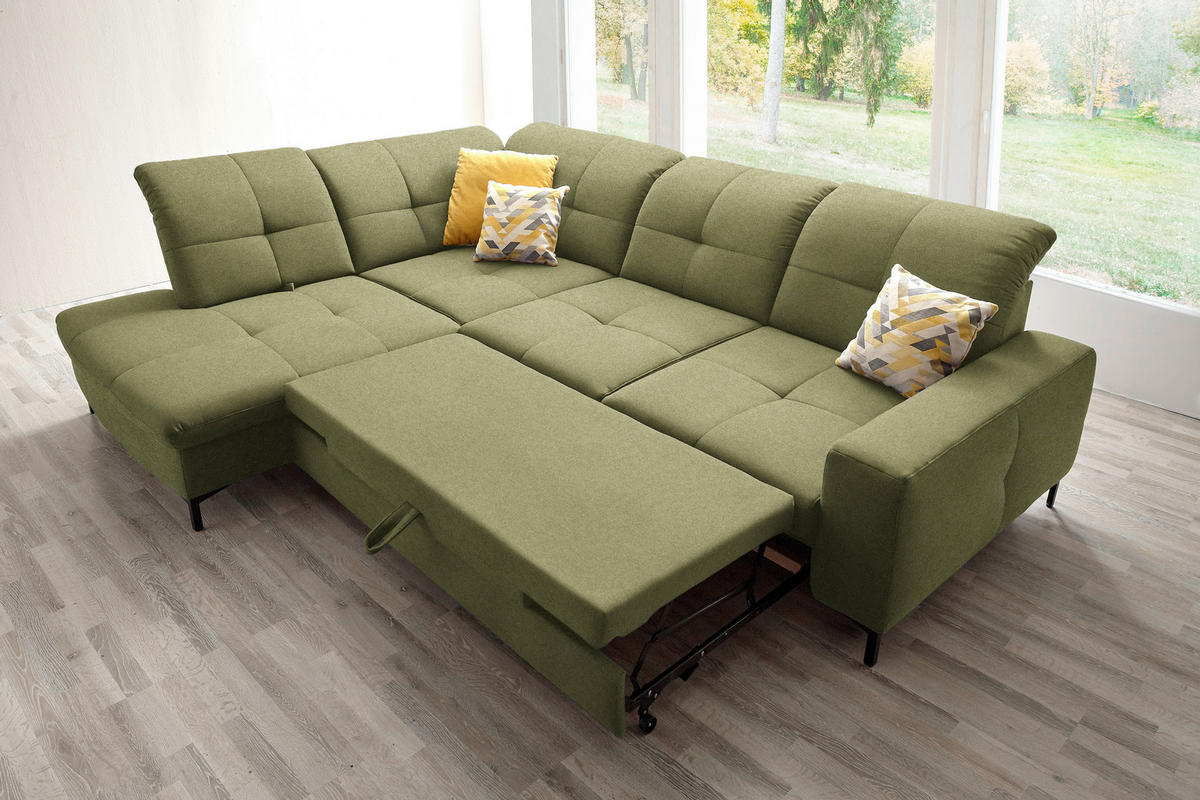 ECKSOFA in Chenille Olivgrün  240/308 cm  - Schwarz/Olivgrün, Design, Textil/Metall (240/308cm) - Xora