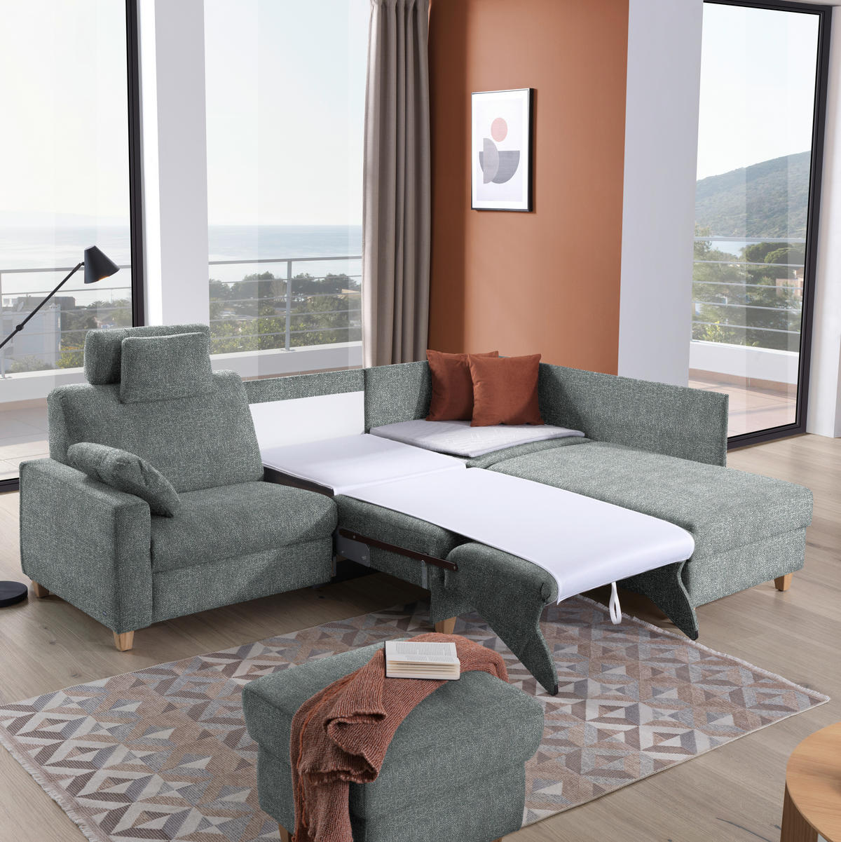 ECKSOFA  in Mikrovelours Graugrün  261/203 cm  - Eichefarben/Graugrün, KONVENTIONELL, Holz/Textil (261/203cm) - Sedda