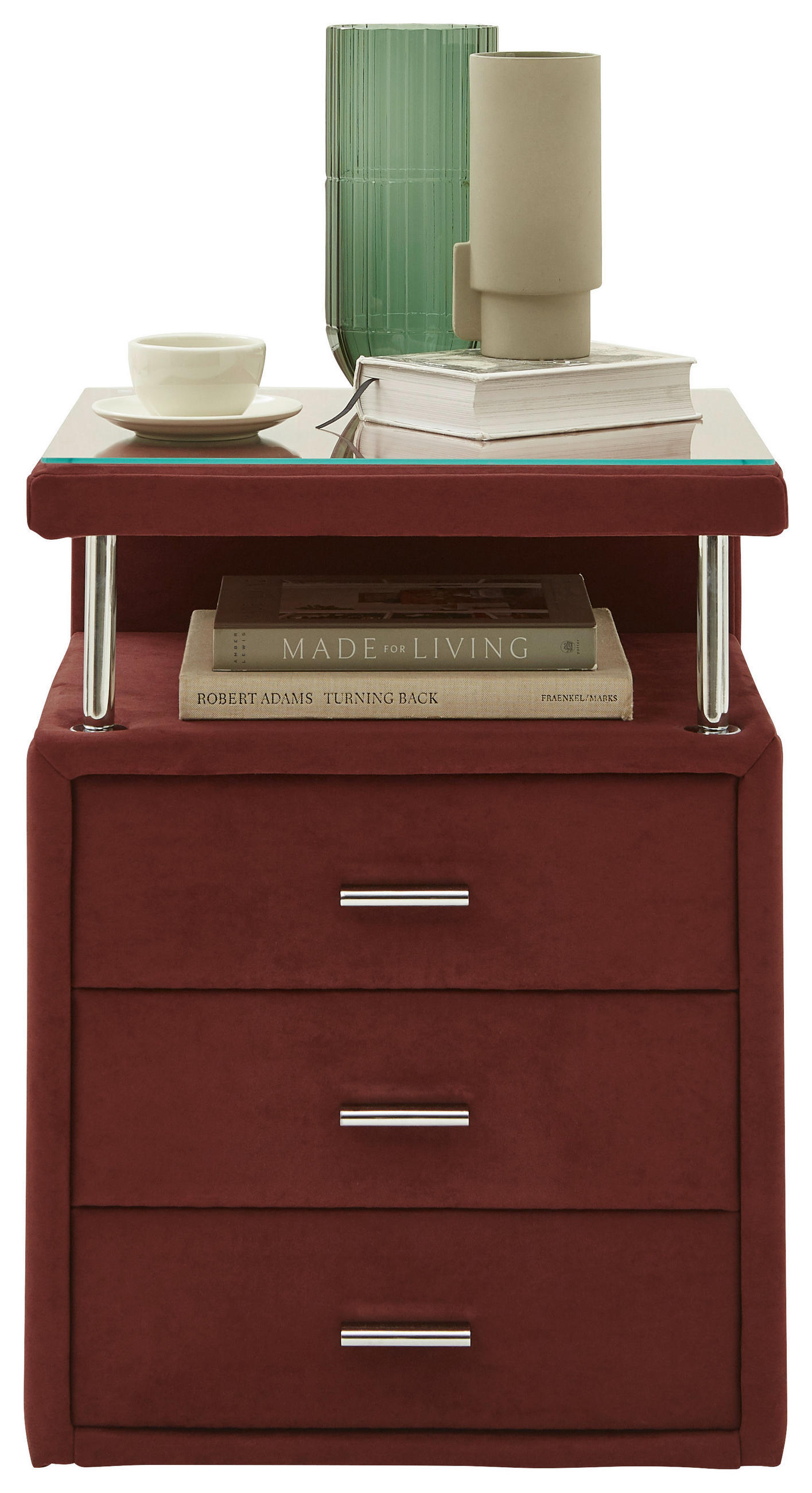 NACHTSCHRANK 51/66/42 cm  - Chromfarben/Weinrot, KONVENTIONELL, Glas/Textil (51/66/42cm) - Dieter Knoll
