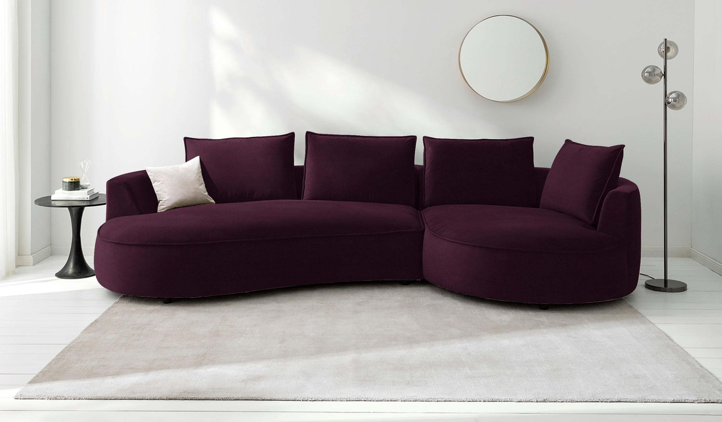 BIGSOFA Samt Brombeere  - Brombeere/Schwarz, Design, Kunststoff/Textil (322/66/154cm) - home24