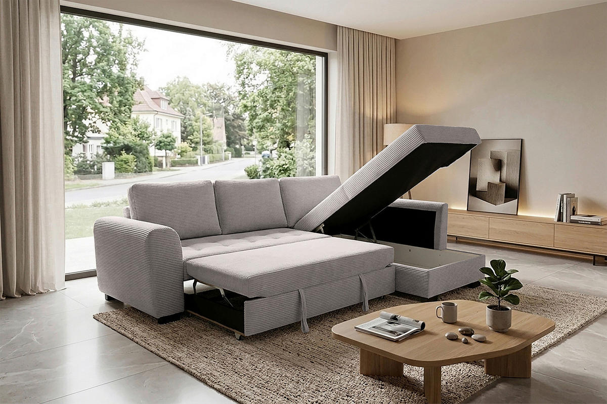 ECKSOFA JOHN Graubraun Cord Rückenkissen, Bettkasten, Liegefläche im Originalstoff  - Graubraun/Schwarz, Trend, Kunststoff/Textil (239/178cm) - P & B