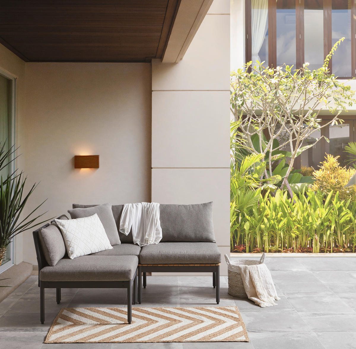 BALKONSET  - Grau/Teakfarben, Design, Holz/Textil (217/75/66cm) - Ambia Garden