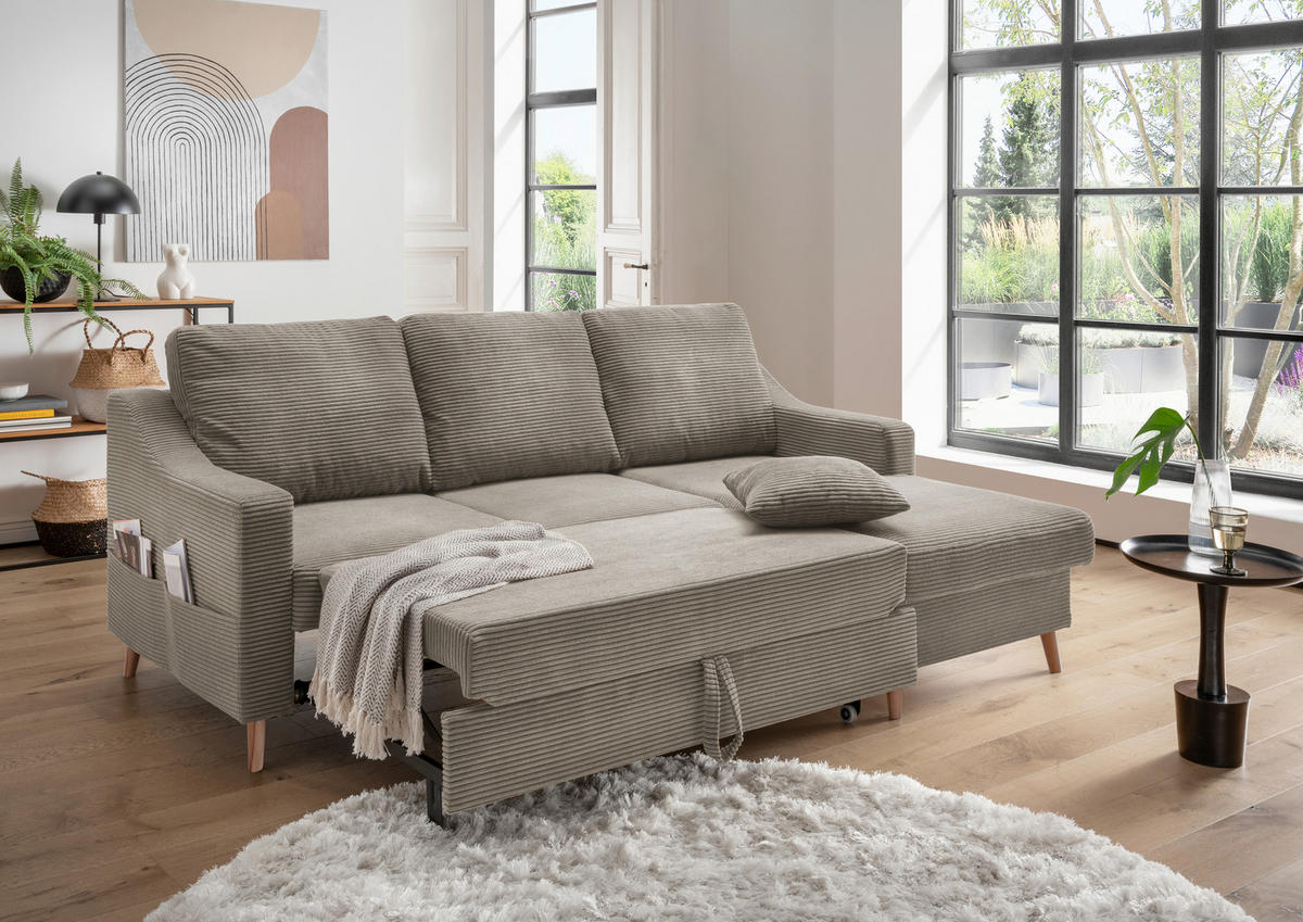 ECKSOFA Graubraun Cord  - Graubraun/Naturfarben, Design, Holz/Textil (228/150cm) - P & B