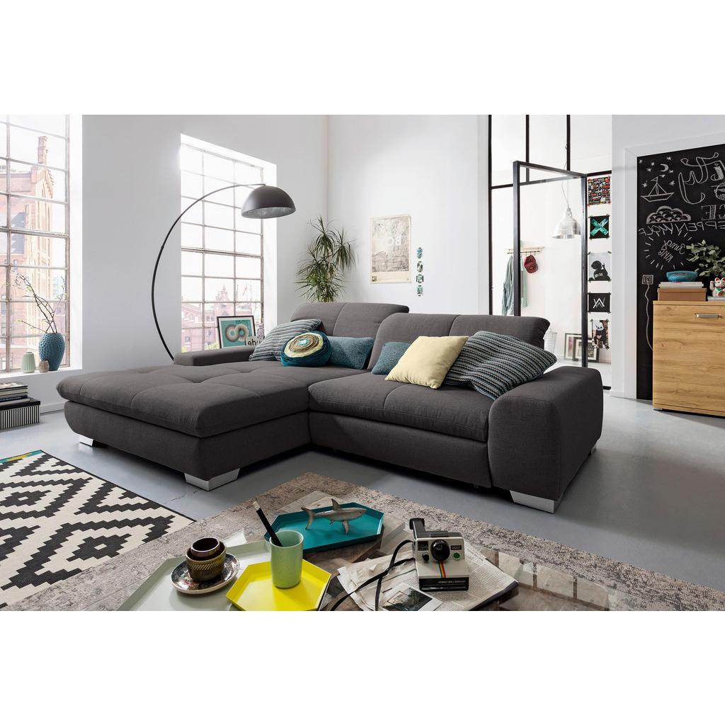 Thumbnail - SetOne by Musterring Ecksofa, Dunkelgrau, Textil, 2-Sitzer, Ottomane links, L-Form, 276x198 cm, Bettkasten erhältlich, F...