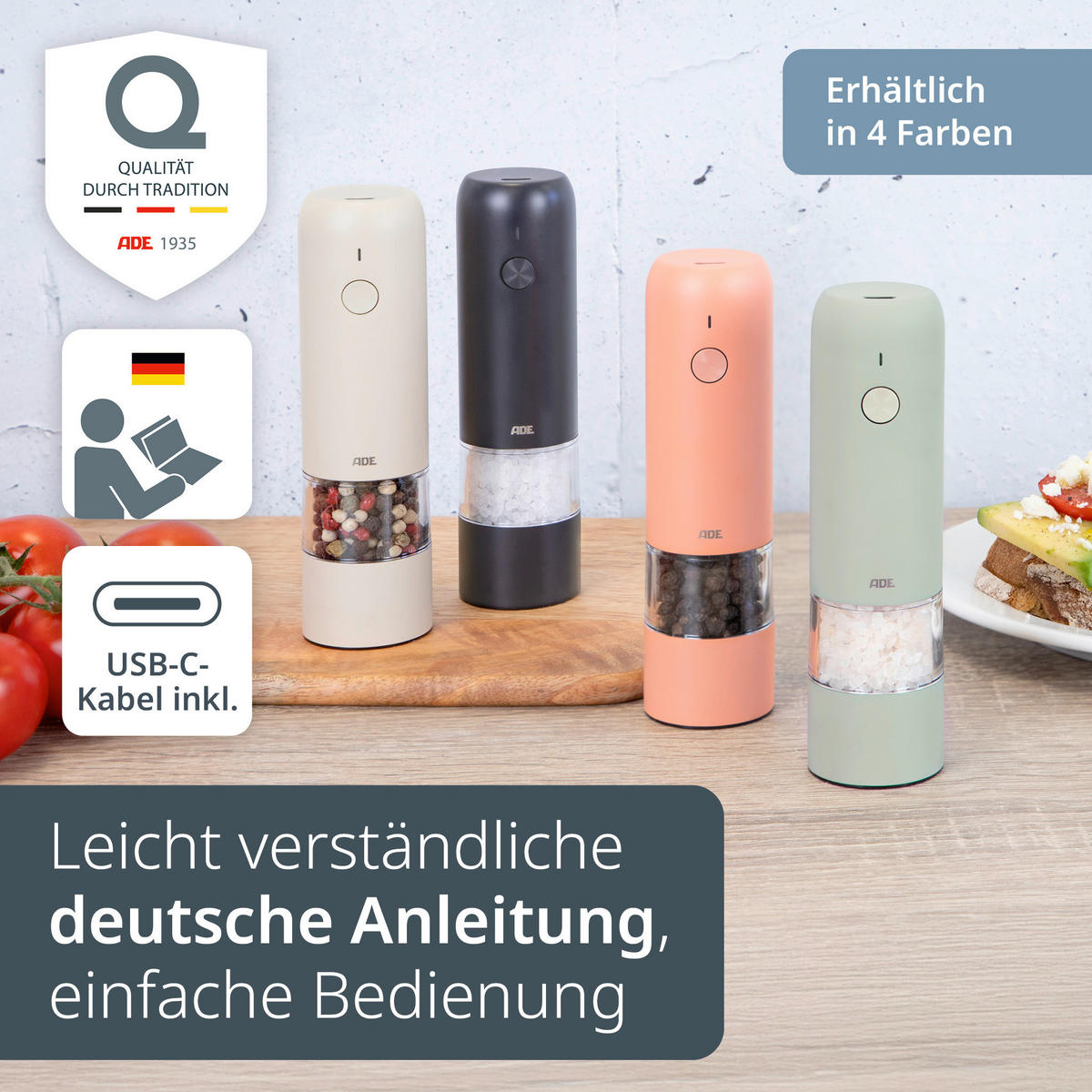ELEKTR. SALZ-/PFEFFERMÜHLE  - Anthrazit, Basics, Kunststoff/Metall (3,8/3,8/14cm) - ADE