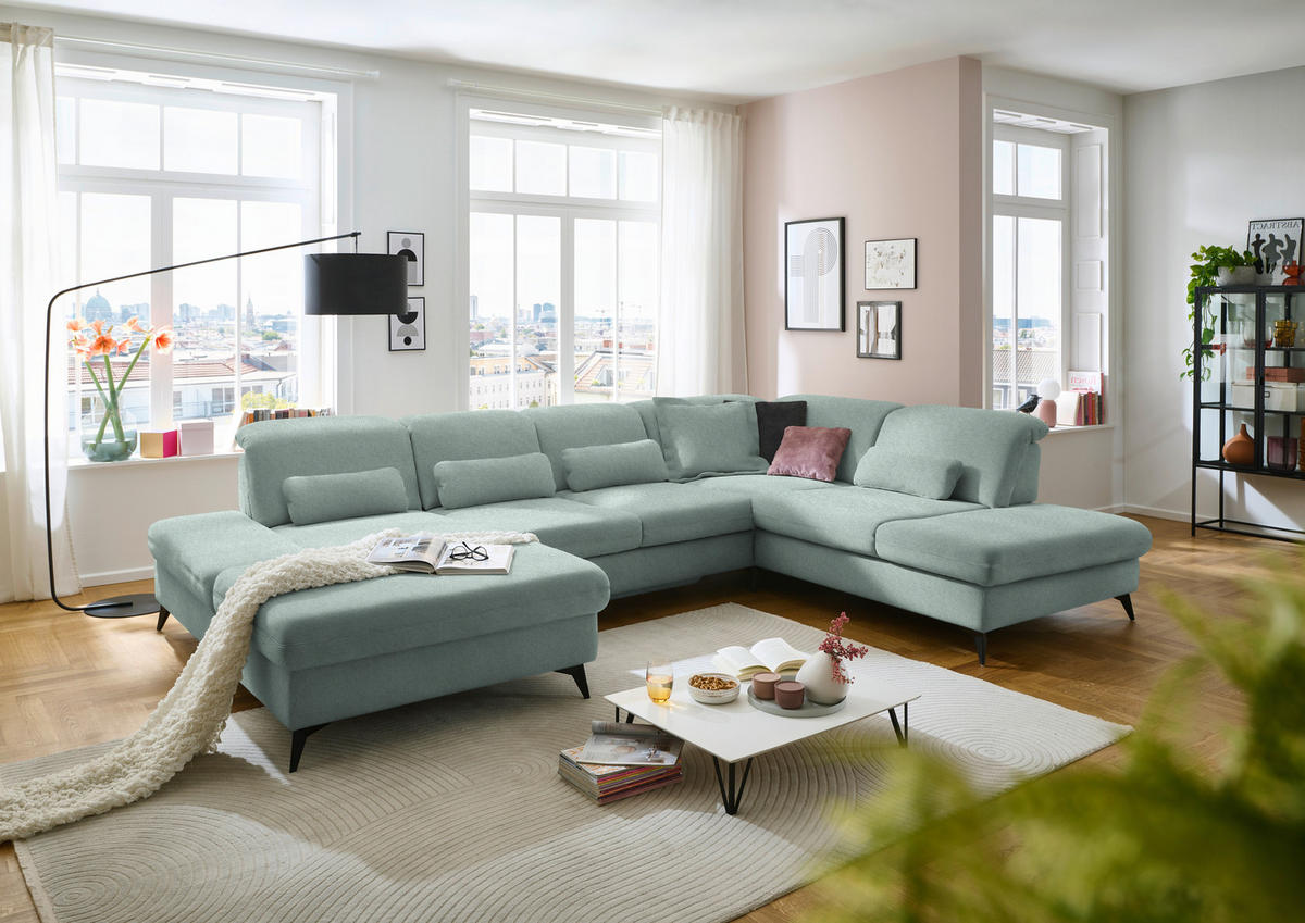 WOHNLANDSCHAFT  in Chenille Mintgrün  - Schwarz/Mintgrün, Design, Textil/Metall (198/364/255cm) - Beldomo Style