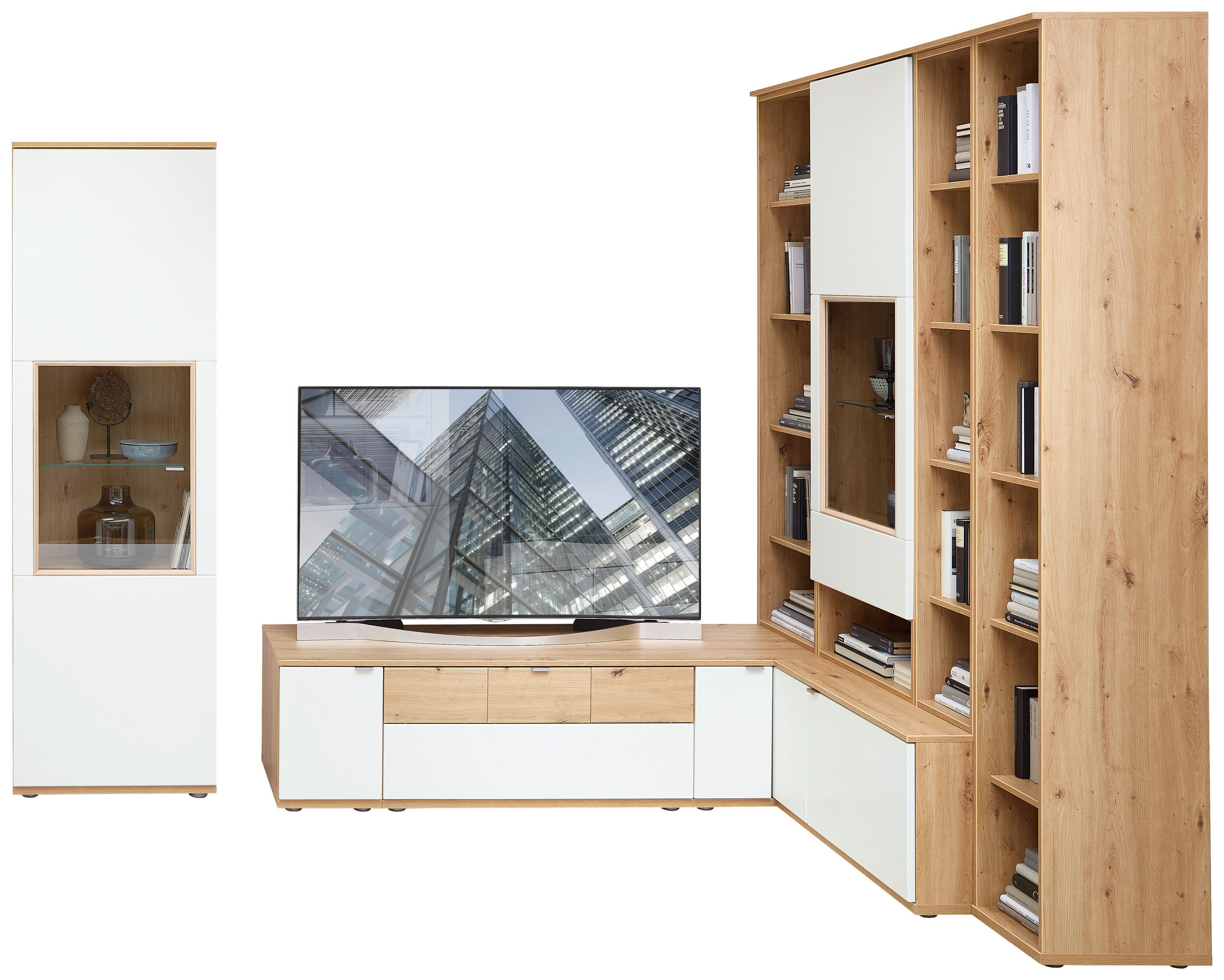 OBÝVACÍ STĚNA, bílá, barva starého dubu - bílá/barva starého dubu, Konvenční, kov/kompozitní dřevo (270x165/215/40-53cm) - Venda