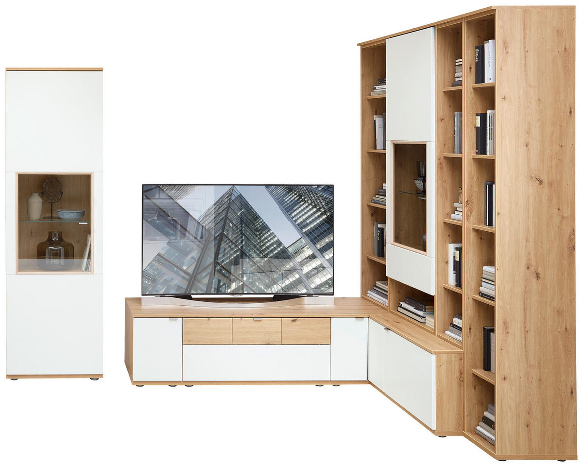 WOHNWAND  in Weiß, Alteiche  270x165/215/40-53 cm  - Alteiche/Alufarben, KONVENTIONELL, Glas/Holzwerkstoff (270x165/215/40-53cm) - Venda