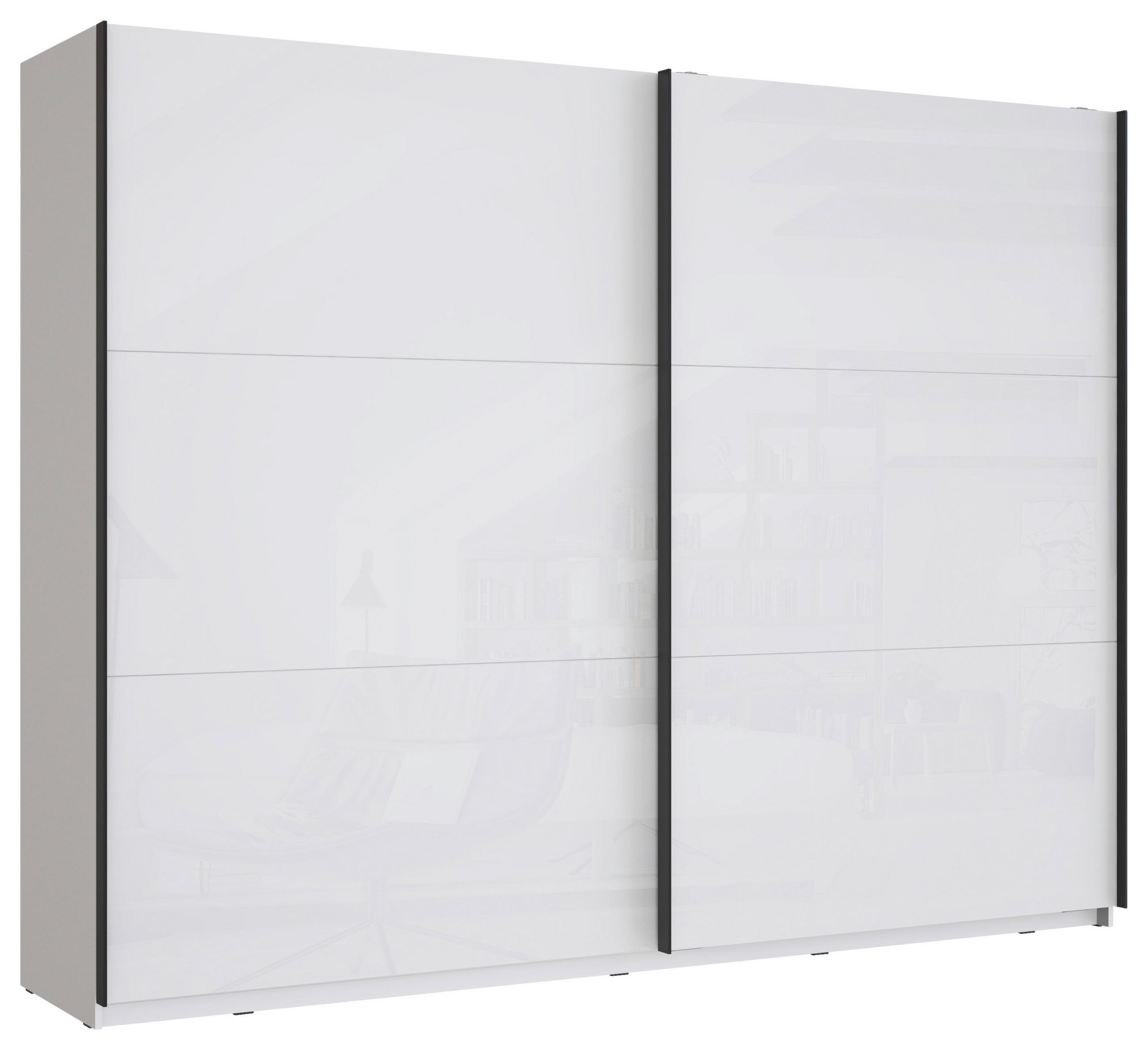 SCHWEBETÜRENSCHRANK  in Weiß, Weiß Hochglanz  - Weiß Hochglanz/Schwarz, MODERN, Holzwerkstoff/Metall (269,9/209,7/61,2cm) - home24