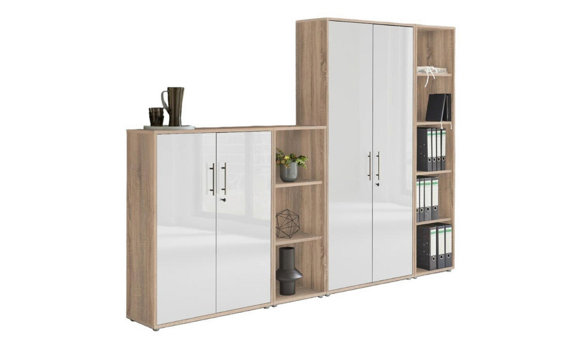 AKTENSCHRANK Sonoma Eiche, Weiß Hochglanz  - Weiß Hochglanz/Sonoma Eiche, MODERN, Holzwerkstoff (257/186/33cm) - MID.YOU