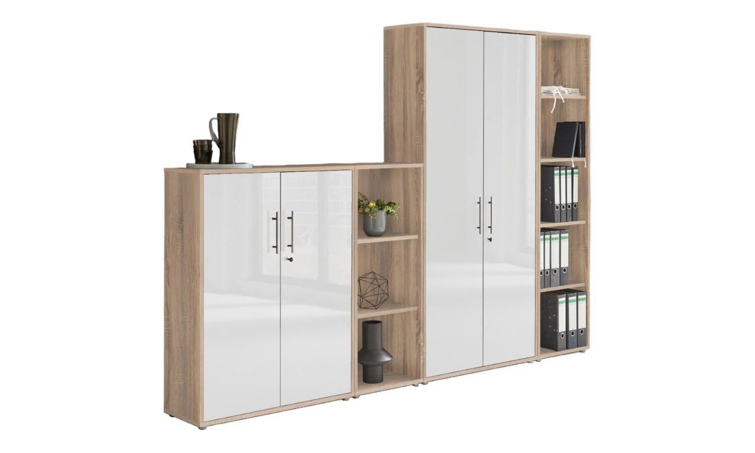 Mid.you Aktenschrank Office Edition - SW Set 4 Sonoma Eiche, Weiß Hochglanz 257x186x33 cm