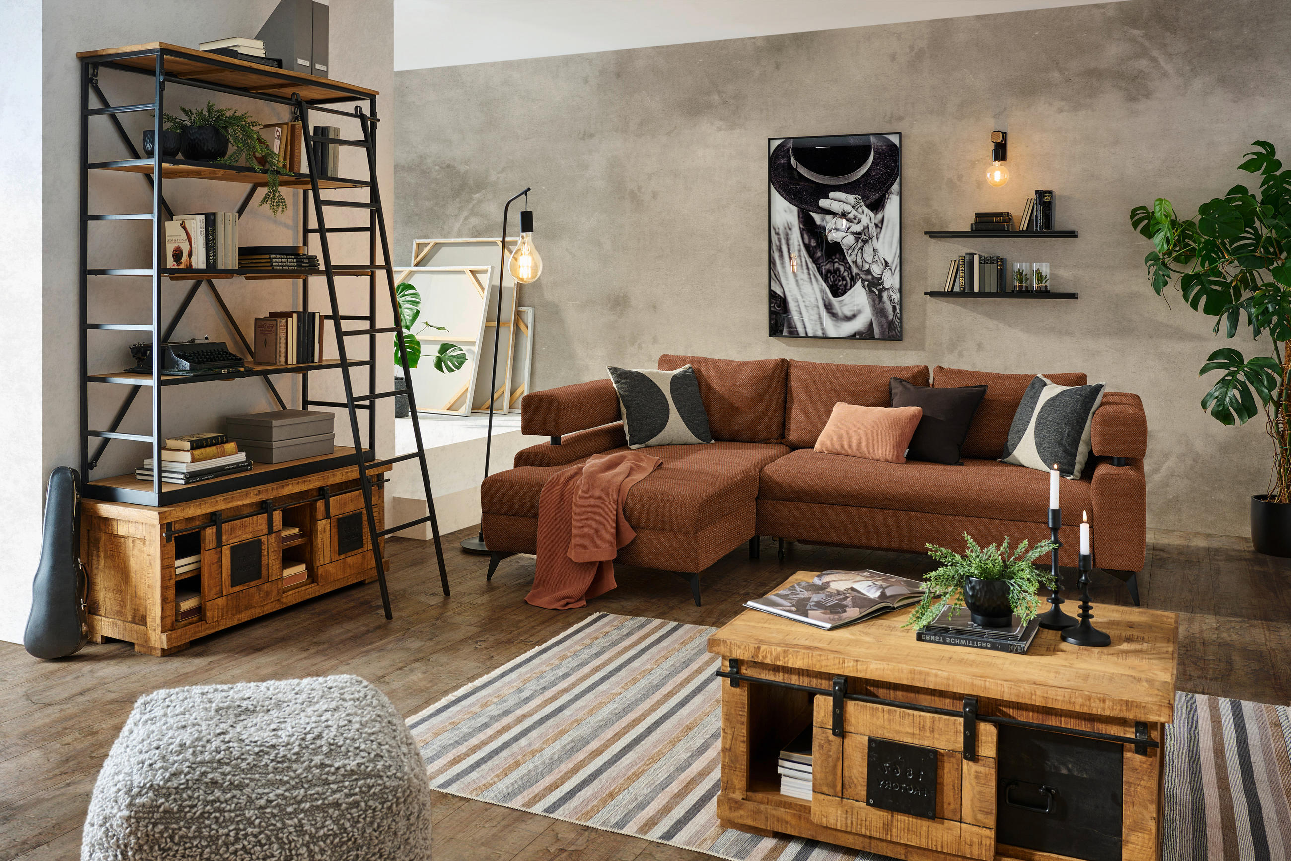 ECKSOFA Cognac Chenille  - Cognac/Schwarz, KONVENTIONELL, Textil/Metall (184/265cm) - Hom`in