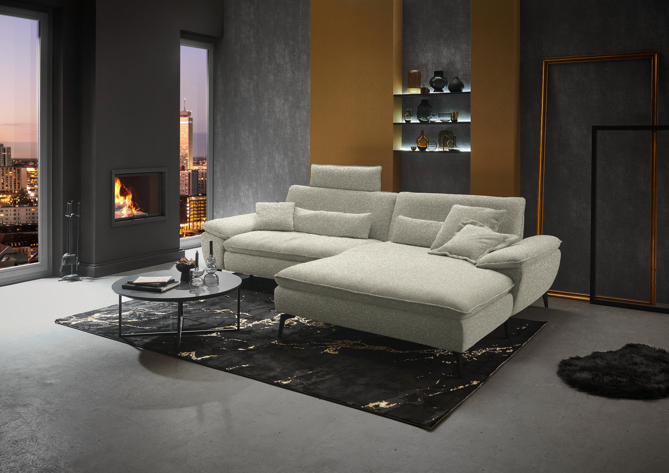 ECKSOFA in Webstoff Beige  - Beige/Schwarz, Design, Textil/Metall (295/197cm) - Valdera