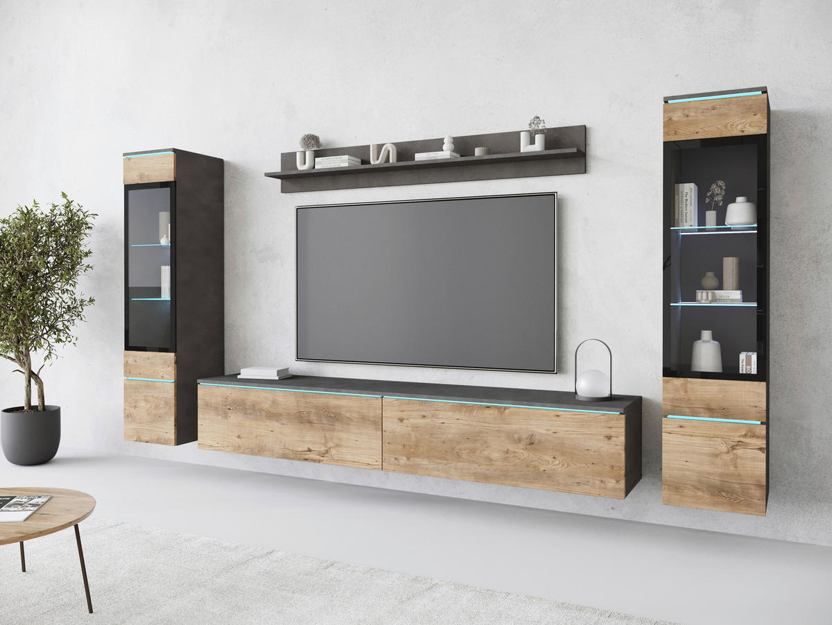WOHNWAND Vera 4-teilig  in Anthrazit, Kastanieneichefarben  240/130/33 cm  - Kastanieneichefarben/Anthrazit, Trend, Glas/Holzwerkstoff (240/130/33cm)