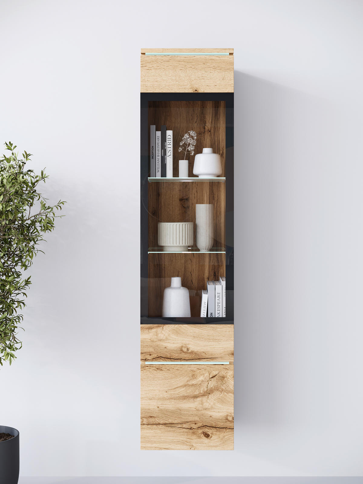 VITRÍNA, dub wotan, 30/130/33 cm - sivá/dub wotan, Design, kompozitné drevo/sklo (30/130/33cm) - Livetastic