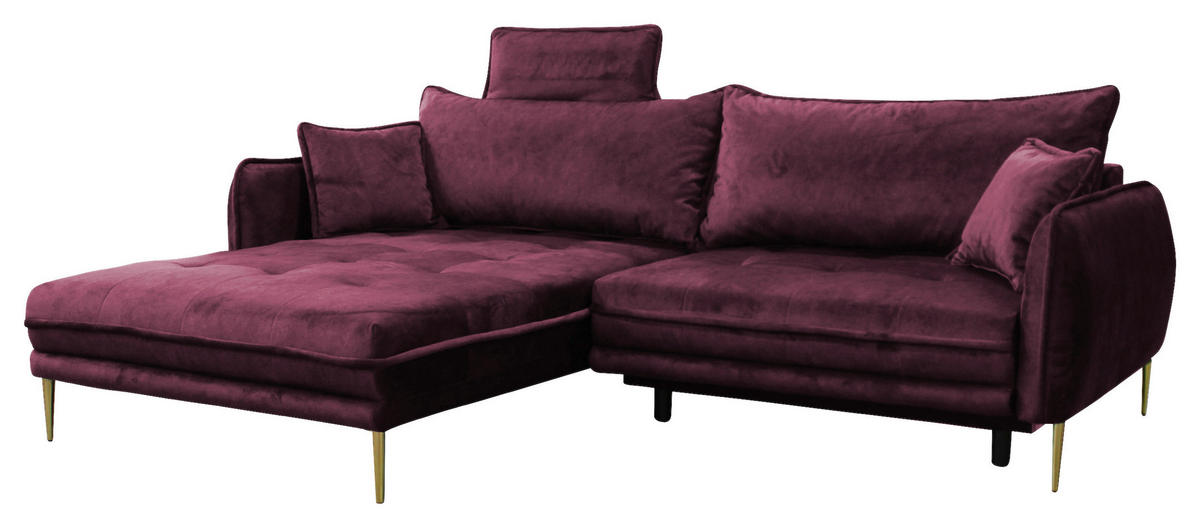 ECKSOFA Weinrot Velours  - Weinrot/Goldfarben, Design, Textil/Metall (196/264cm) - MID.YOU