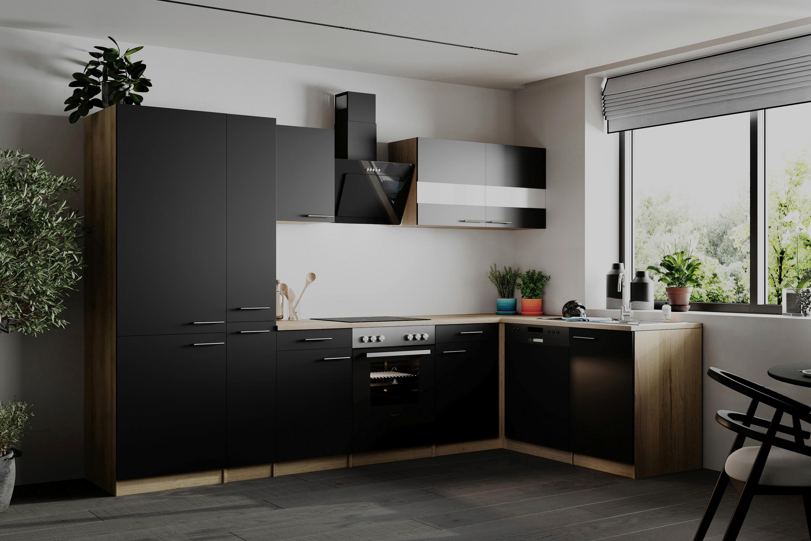 ECKKÜCHE  in Schwarz  - Edelstahlfarben/Eichefarben, Basics, Holzwerkstoff/Metall (310cm) - Respekta