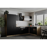 ECKKÜCHE  in Schwarz  - Edelstahlfarben/Eichefarben, Basics, Holzwerkstoff/Metall (310cm) - Respekta