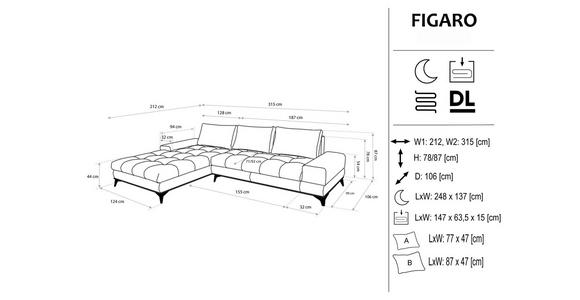 ECKSOFA in Webstoff Blaugrau  212/315 cm  - Blaugrau/Schwarz, Design, Textil/Metall (212/315cm) - Carryhome