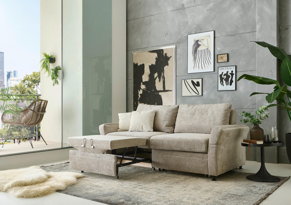 SCHLAFSOFA Chenille Hellbraun  - Hellbraun/Schwarz, KONVENTIONELL, Textil/Metall (186/90/100cm) - Beldomo Style